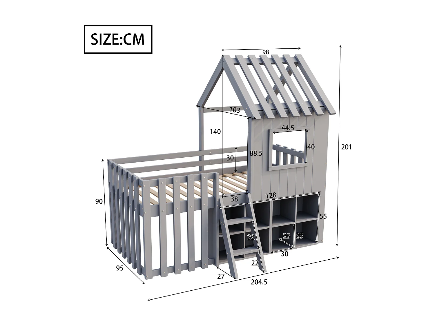 Lit cabane enfant 90x200cm - avec toit + fenêtre - avec échelle à 2 marches et étagères - gris