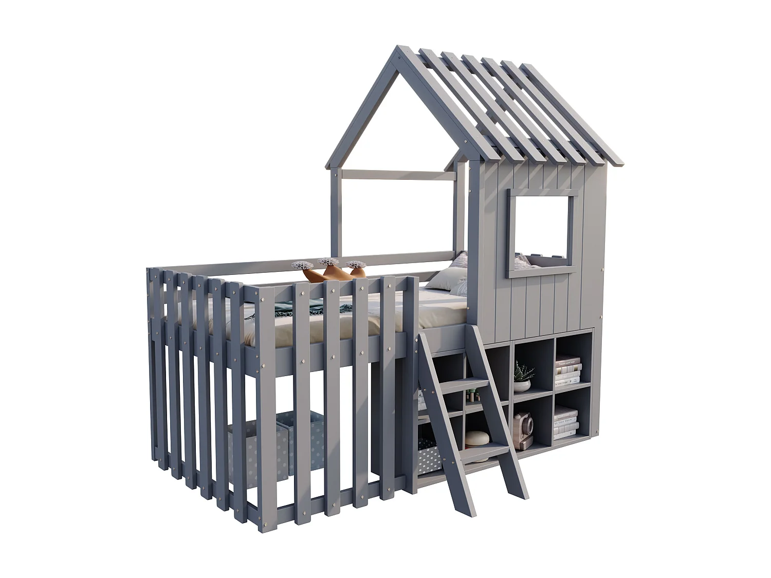 Lit cabane enfant 90x200cm - avec toit + fenêtre - avec échelle à 2 marches et étagères - gris