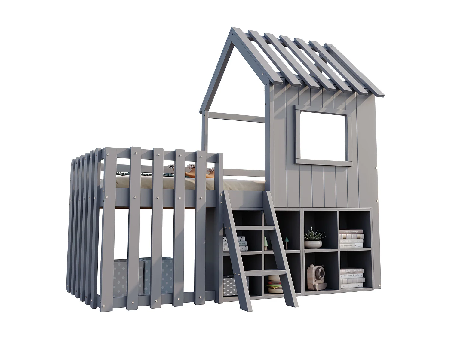 Lit cabane enfant 90x200cm - avec toit + fenêtre - avec échelle à 2 marches et étagères - gris