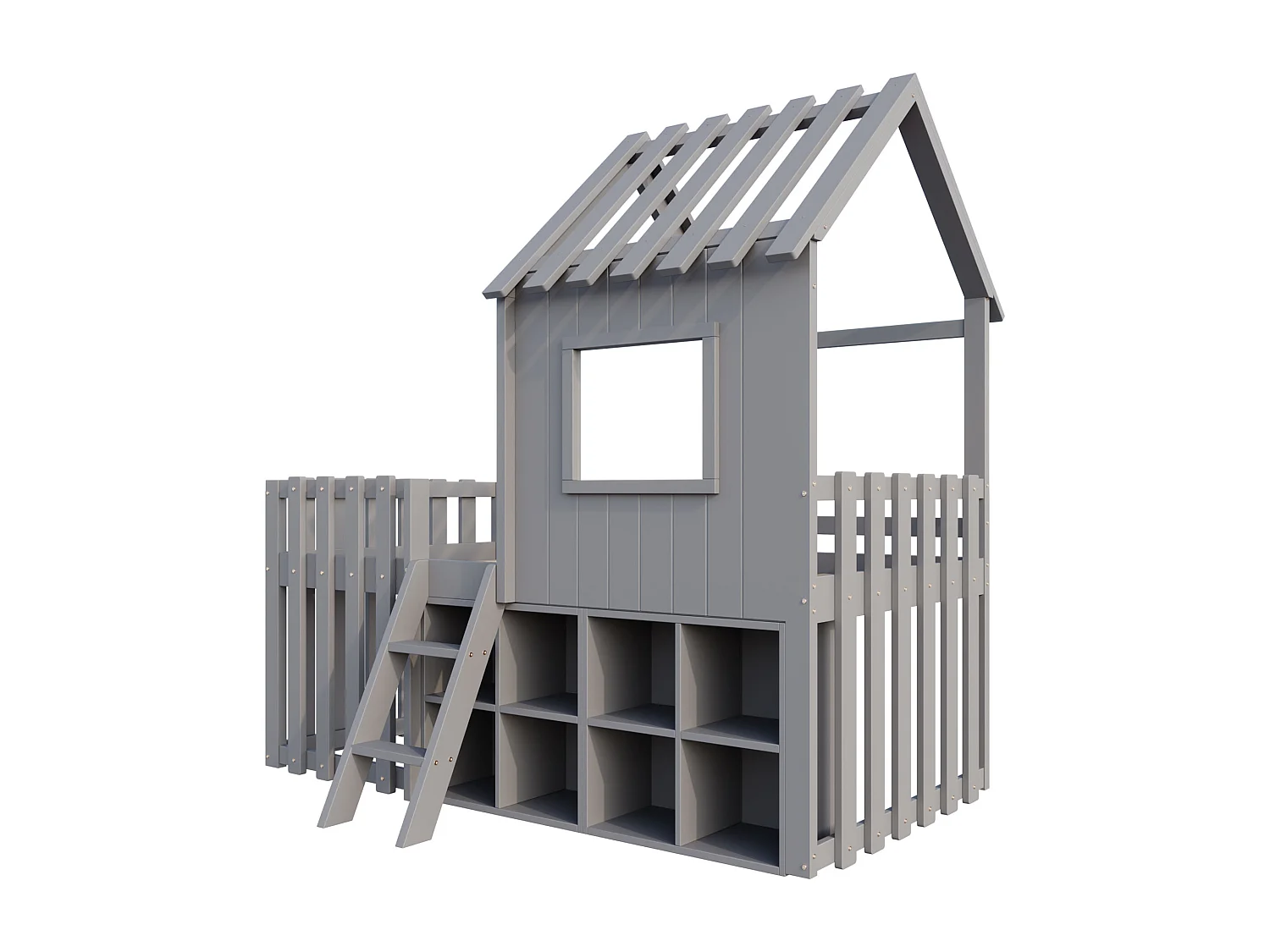 Lit cabane enfant 90x200cm - avec toit + fenêtre - avec échelle à 2 marches et étagères - gris