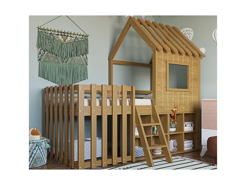 Lit cabane enfant 90x200cm - avec toit + fenêtre - avec échelle à 2 marches et étagères - naturel