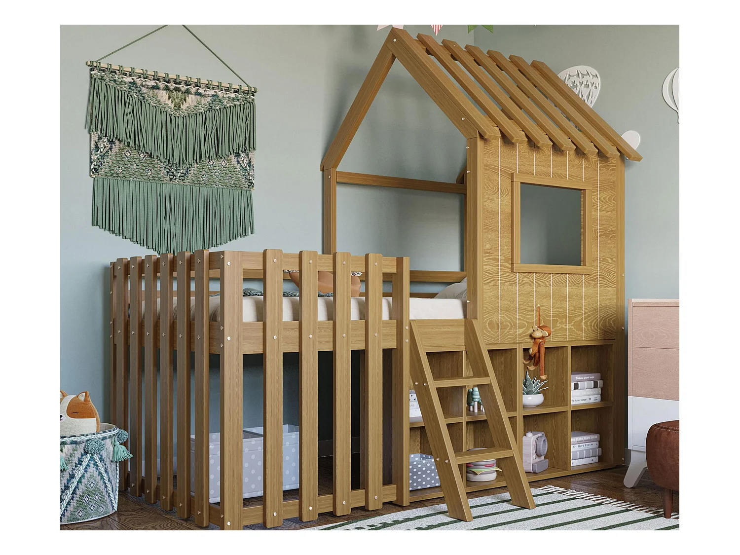 Lit cabane enfant 90x200cm - avec toit + fenêtre - avec échelle à 2 marches et étagères - naturel