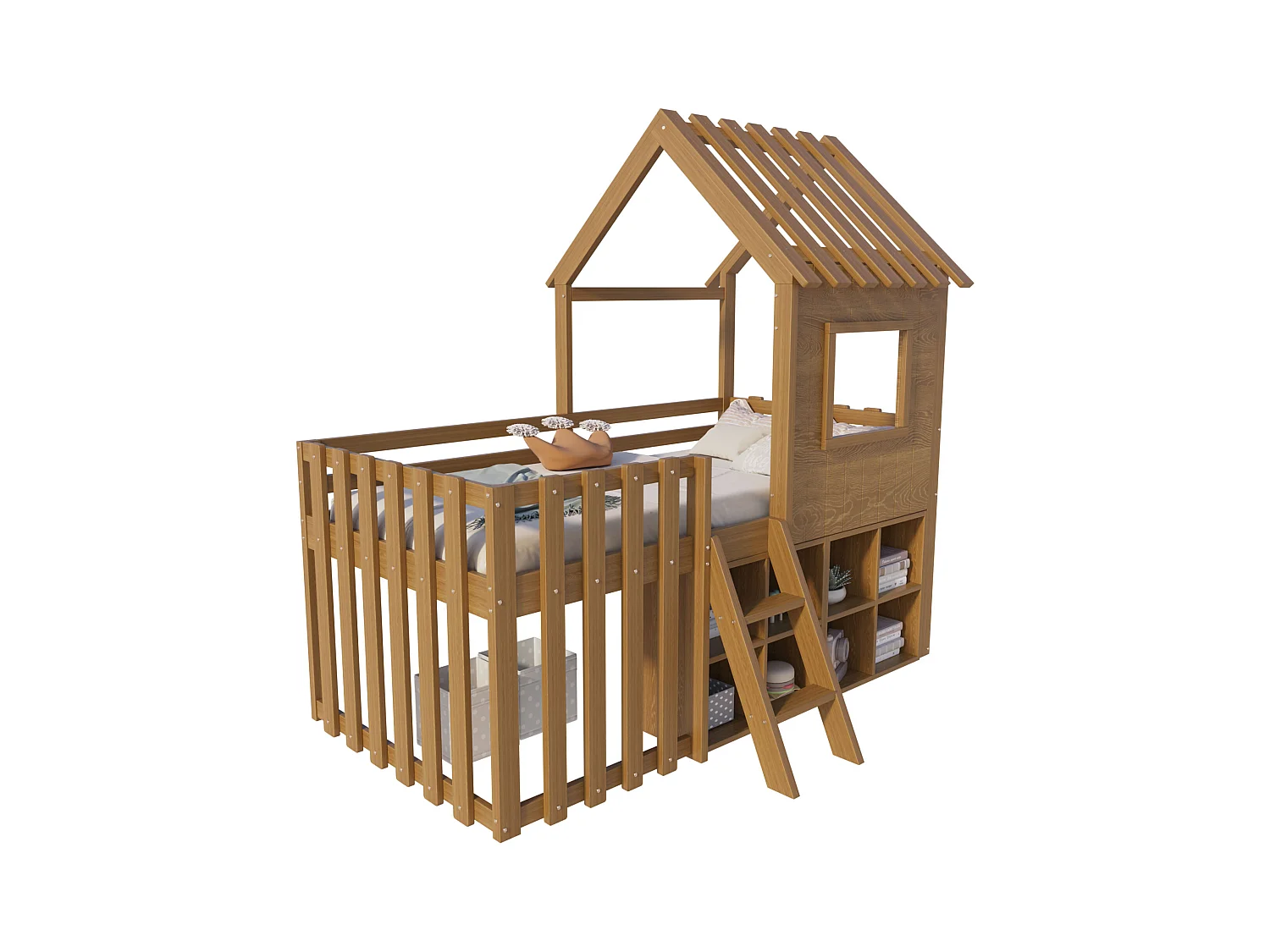 Lit cabane enfant 90x200cm - avec toit + fenêtre - avec échelle à 2 marches et étagères - naturel