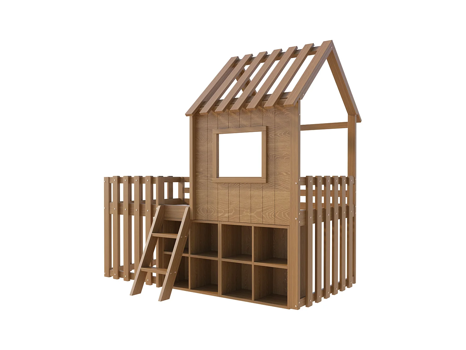 Lit cabane enfant 90x200cm - avec toit + fenêtre - avec échelle à 2 marches et étagères - naturel
