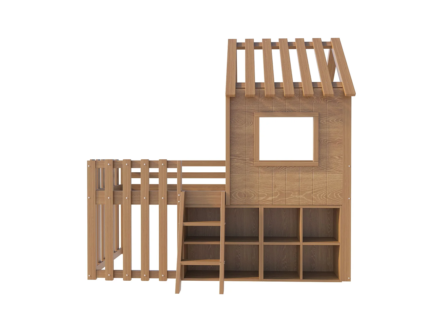 Lit cabane enfant 90x200cm - avec toit + fenêtre - avec échelle à 2 marches et étagères - naturel