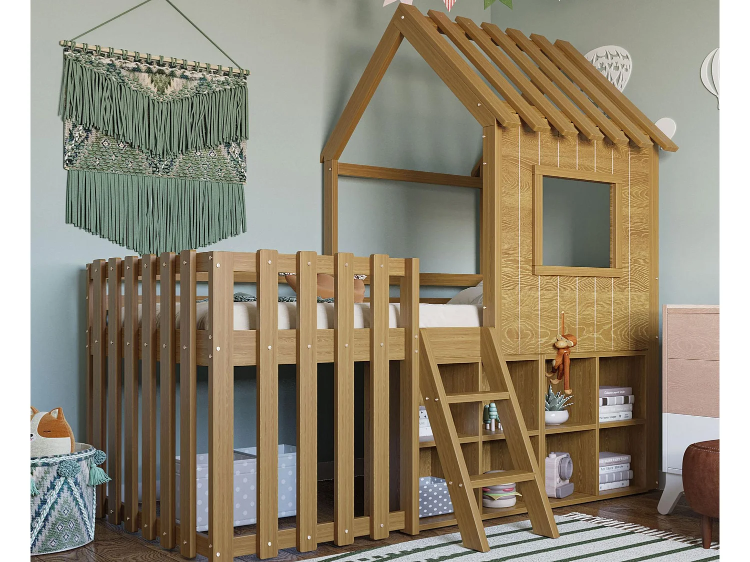 Lit cabane enfant 90x200cm - avec toit + fenêtre - avec échelle à 2 marches et étagères - naturel