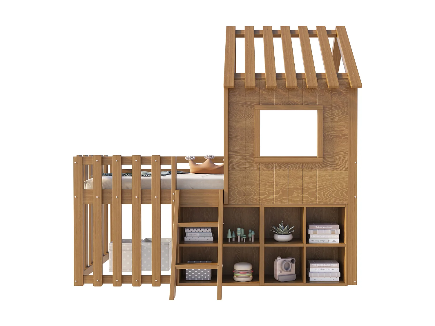 Lit cabane enfant 90x200cm - avec toit + fenêtre - avec échelle à 2 marches et étagères - naturel