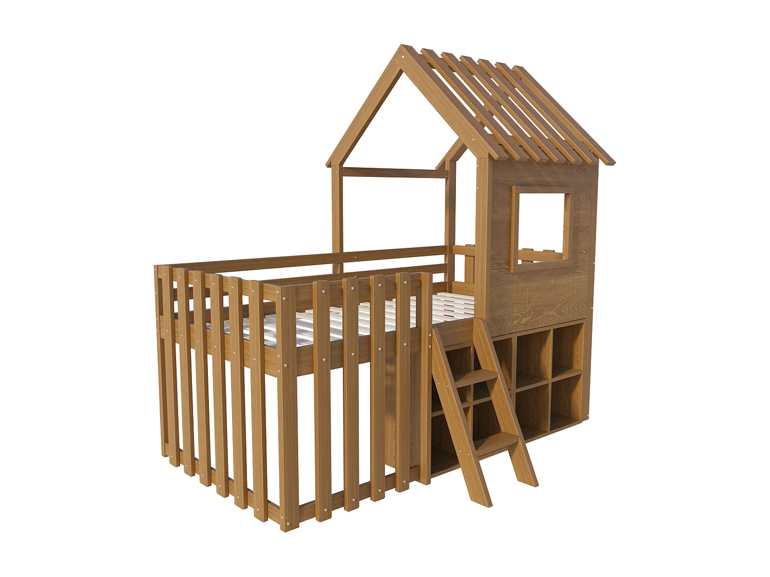 Lit cabane enfant 90x200cm - avec toit + fenêtre - avec échelle à 2 marches et étagères - naturel