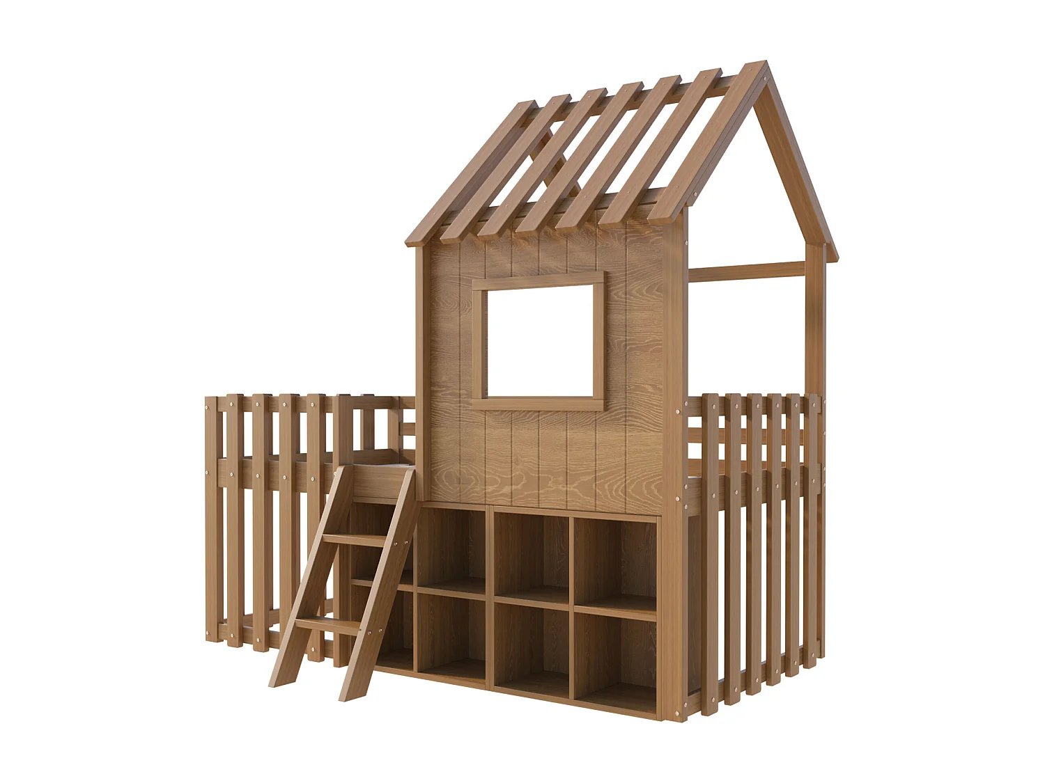 Lit cabane enfant 90x200cm - avec toit + fenêtre - avec échelle à 2 marches et étagères - naturel