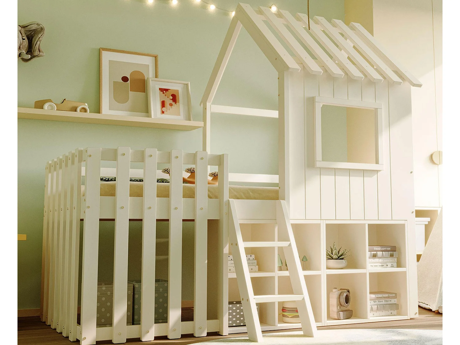 Lit cabane enfant 90x200cm - avec toit + fenêtre - avec échelle à 2 marches et étagères - blanc