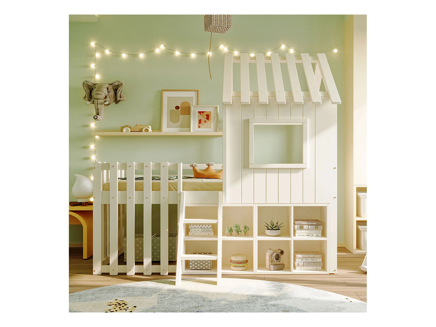 Lit cabane enfant 90x200cm - avec toit + fenêtre - avec échelle à 2 marches et étagères - blanc