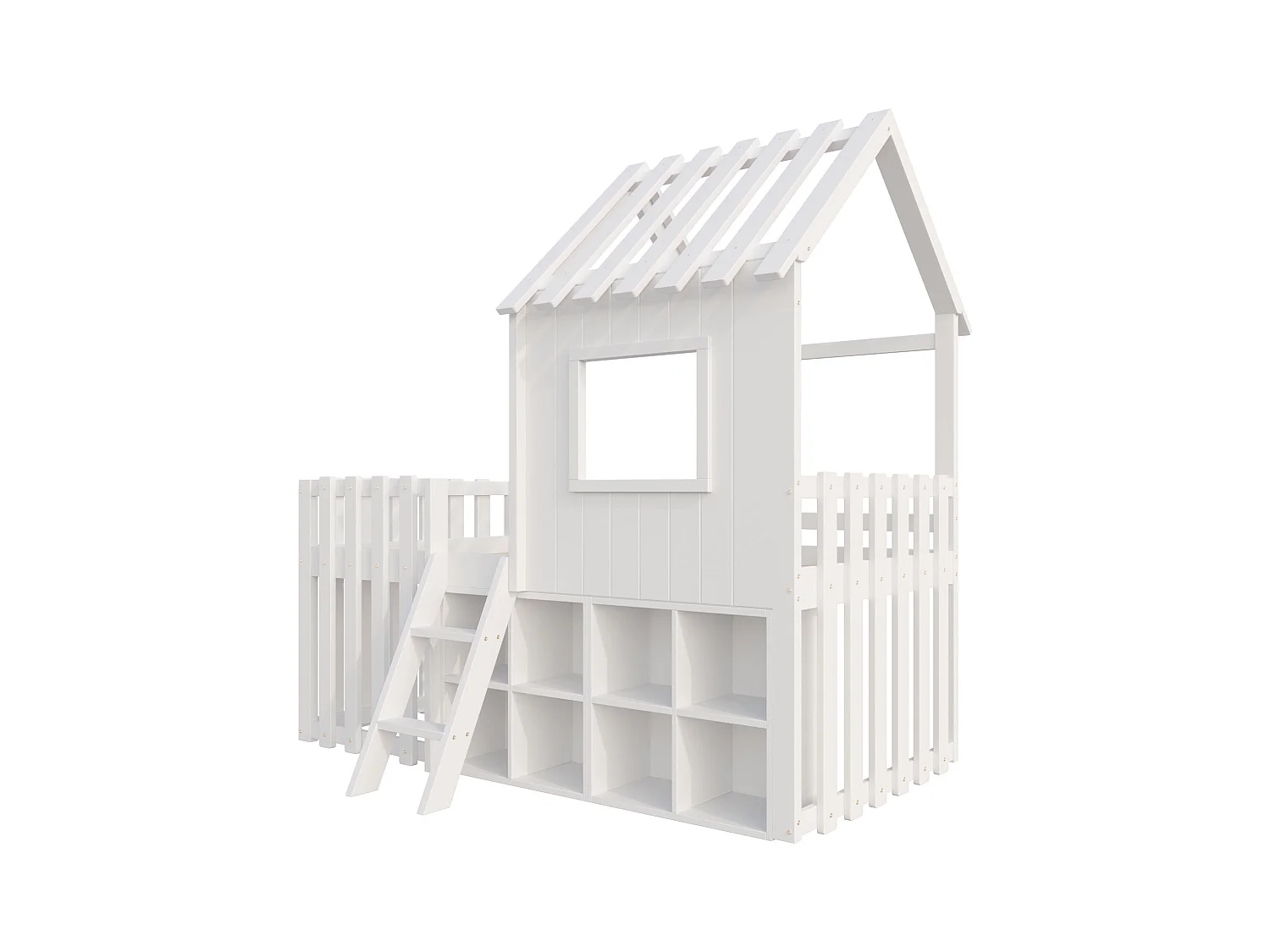 Lit cabane enfant 90x200cm - avec toit + fenêtre - avec échelle à 2 marches et étagères - blanc