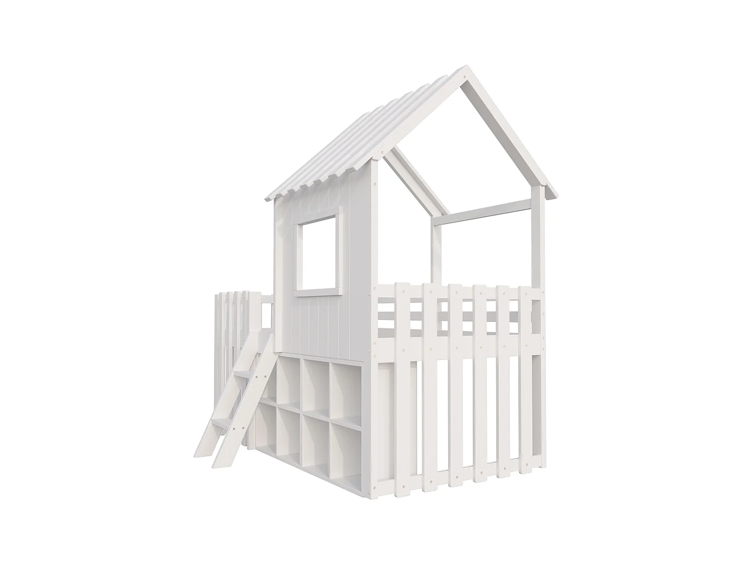 Lit cabane enfant 90x200cm - avec toit + fenêtre - avec échelle à 2 marches et étagères - blanc