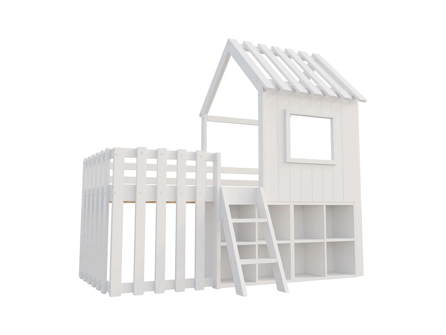 Lit cabane enfant 90x200cm - avec toit + fenêtre - avec échelle à 2 marches et étagères - blanc