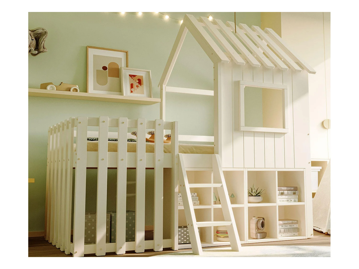 Lit cabane enfant 90x200cm - avec toit + fenêtre - avec échelle à 2 marches et étagères - blanc
