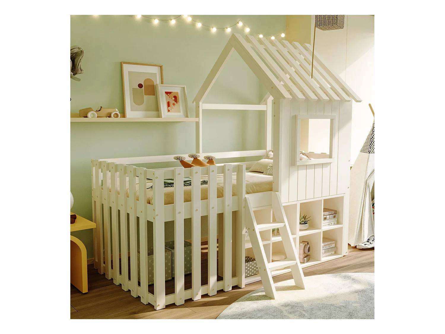 Lit cabane enfant 90x200cm - avec toit + fenêtre - avec échelle à 2 marches et étagères - blanc