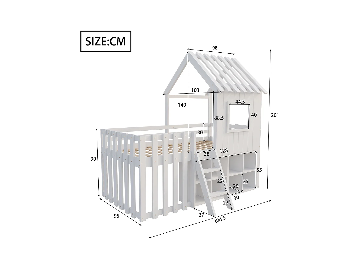 Lit cabane enfant 90x200cm - avec toit + fenêtre - avec échelle à 2 marches et étagères - blanc
