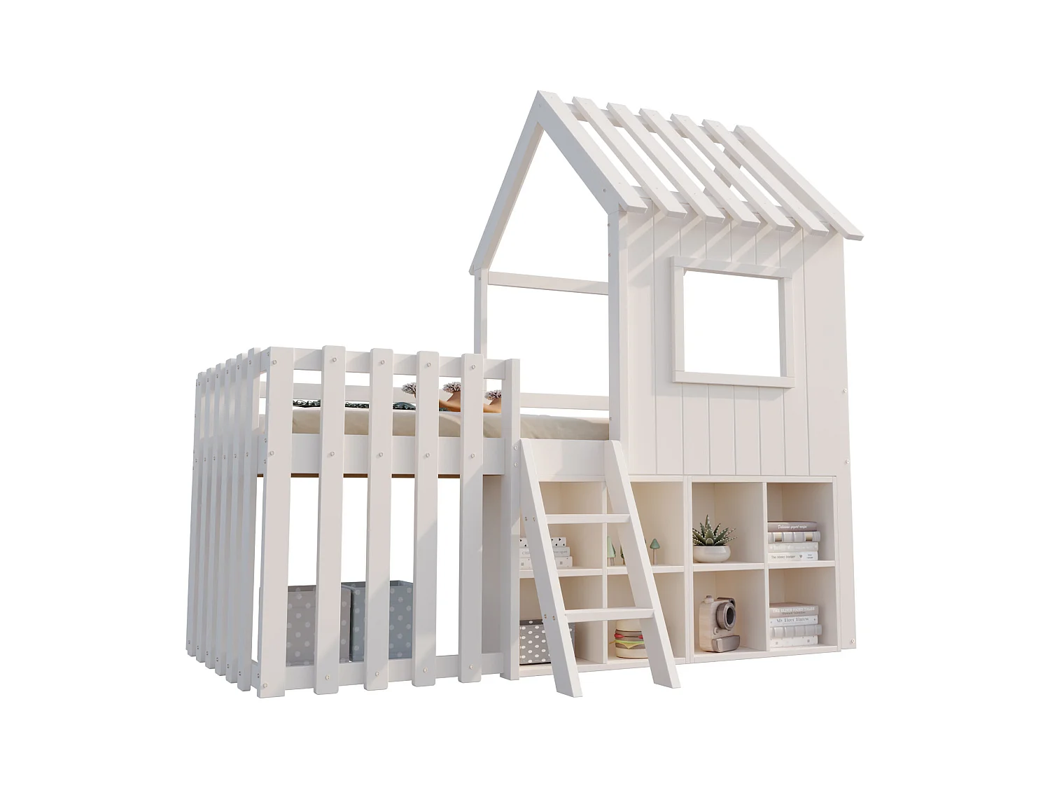 Lit cabane enfant 90x200cm - avec toit + fenêtre - avec échelle à 2 marches et étagères - blanc