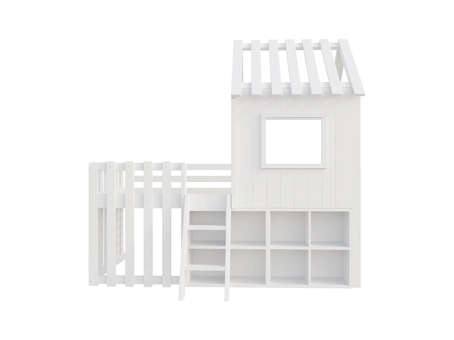 Lit cabane enfant 90x200cm - avec toit + fenêtre - avec échelle à 2 marches et étagères - blanc