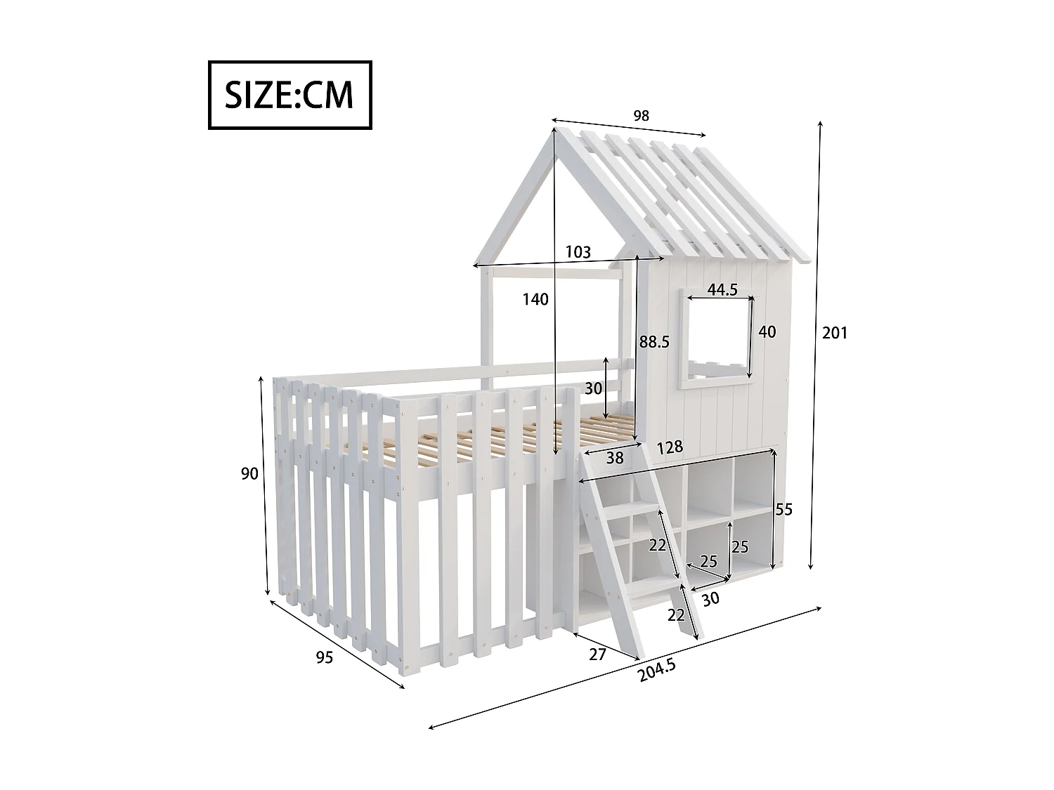 Lit cabane enfant 90x200cm - avec toit + fenêtre - avec échelle à 2 marches et étagères - blanc