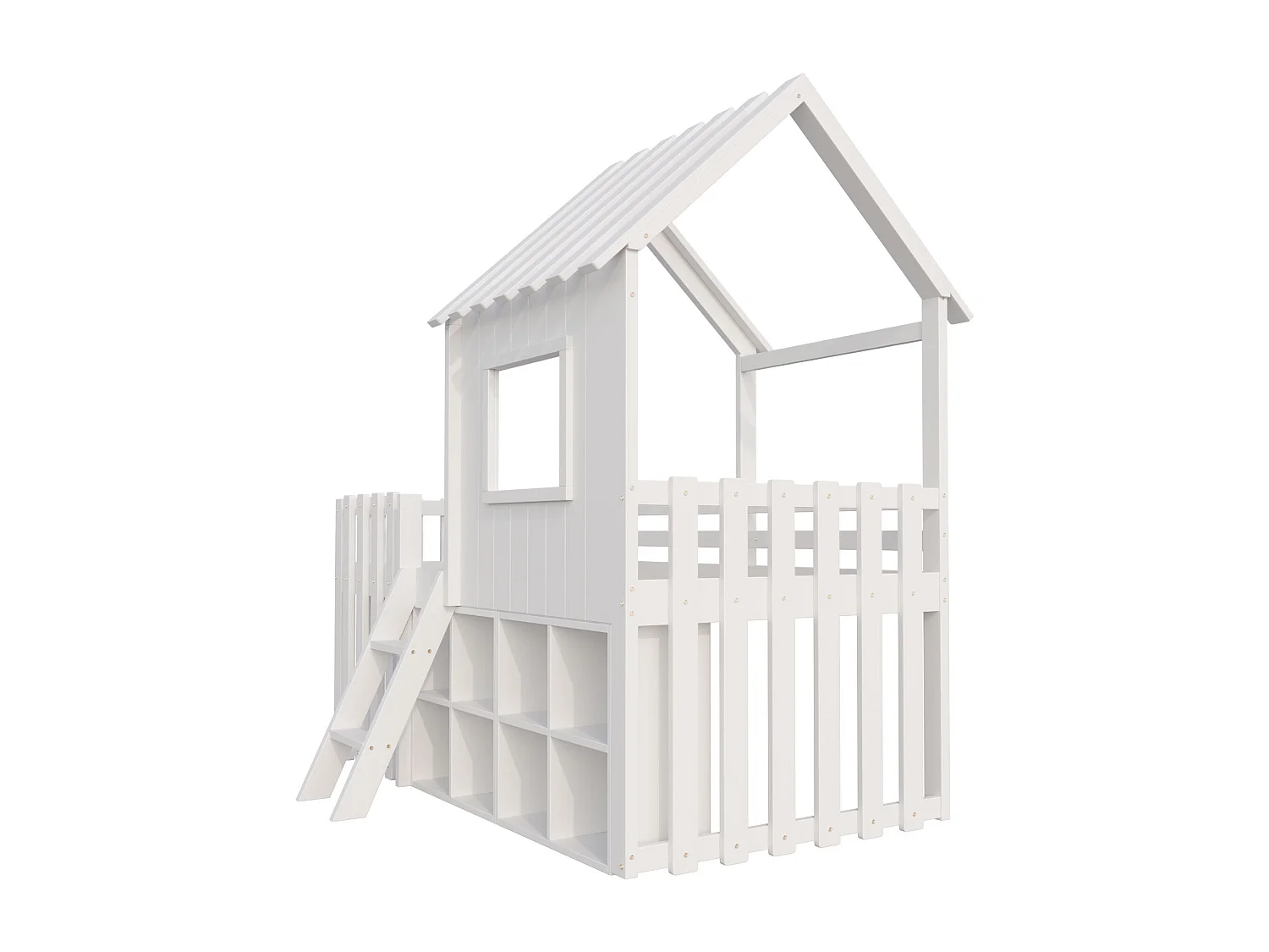 Lit cabane enfant 90x200cm - avec toit + fenêtre - avec échelle à 2 marches et étagères - blanc