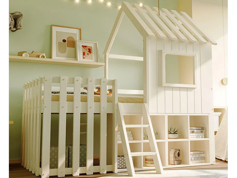 Hutbed kind 90x200 cm - met dak + raam - met trapje van 2 treden en plankjes - wit