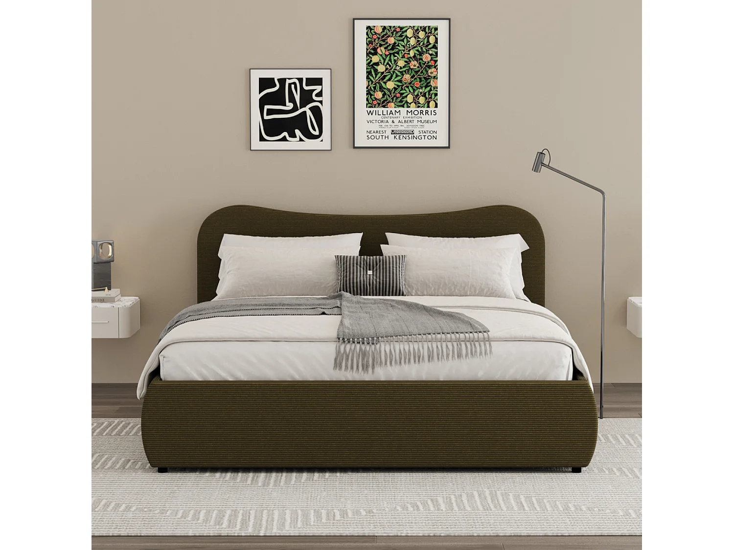 Lit coffre 160x200cm design arrondi velours côtelé vert PLANO