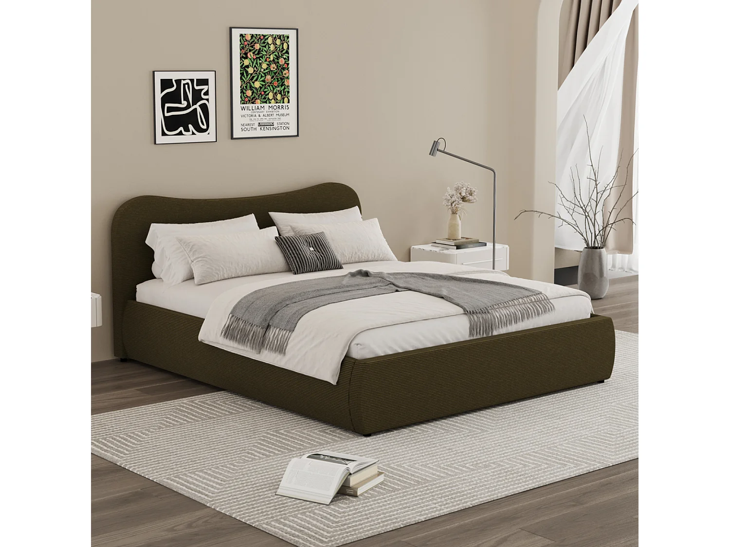 Lit coffre 160x200cm design arrondi velours côtelé vert PLANO