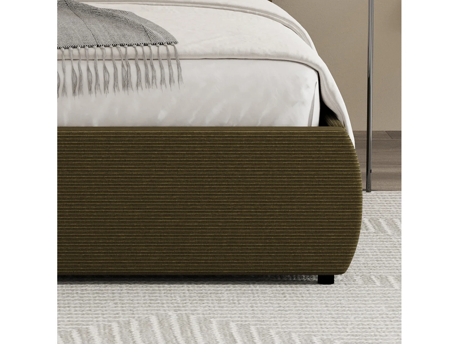 Lit coffre 160x200cm design arrondi velours côtelé vert PLANO