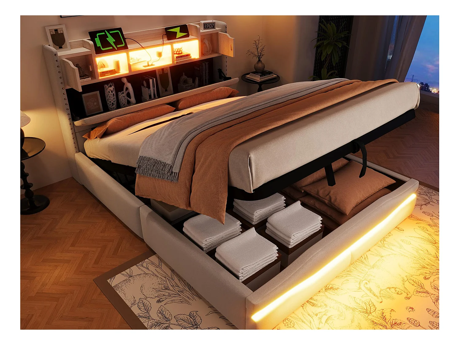 Lit coffre rembourré 140x200cm - avec éclairage LED - avec compartiment de rangement - beige (matelas non inclus)