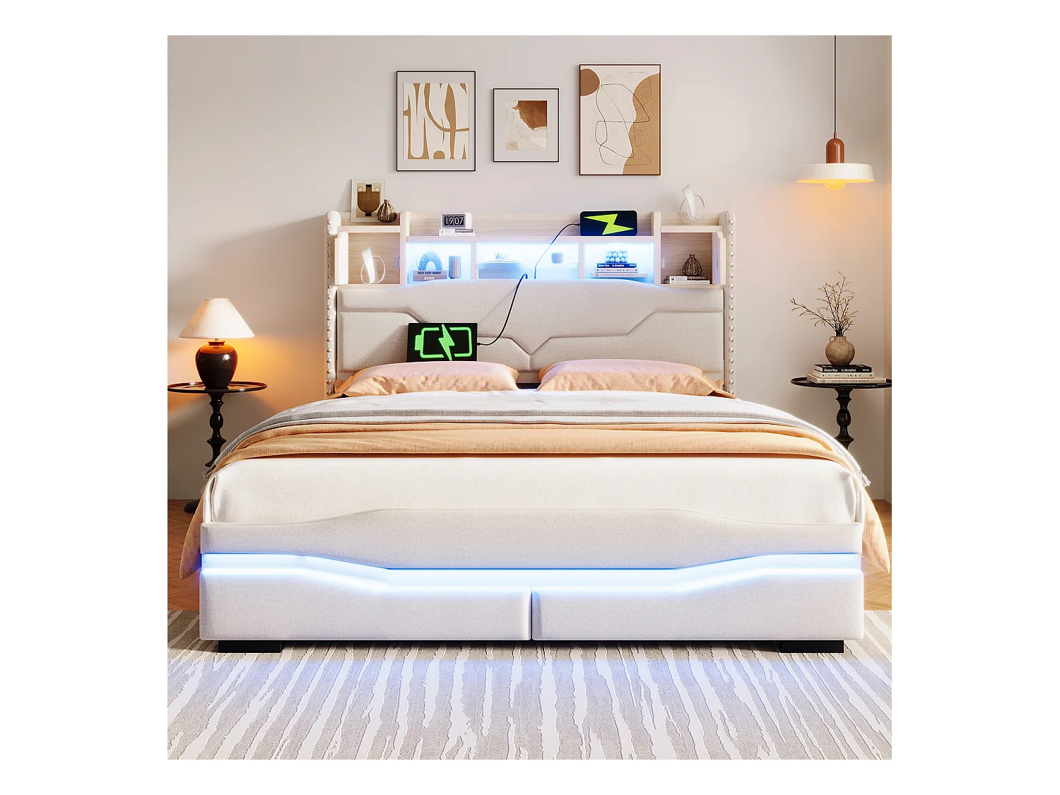 Lit coffre rembourré 140x200cm - avec éclairage LED - avec compartiment de rangement - beige (matelas non inclus)