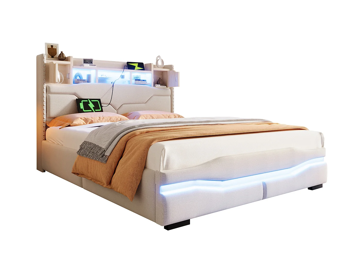Lit coffre rembourré 140x200cm - avec éclairage LED - avec compartiment de rangement - beige (matelas non inclus)