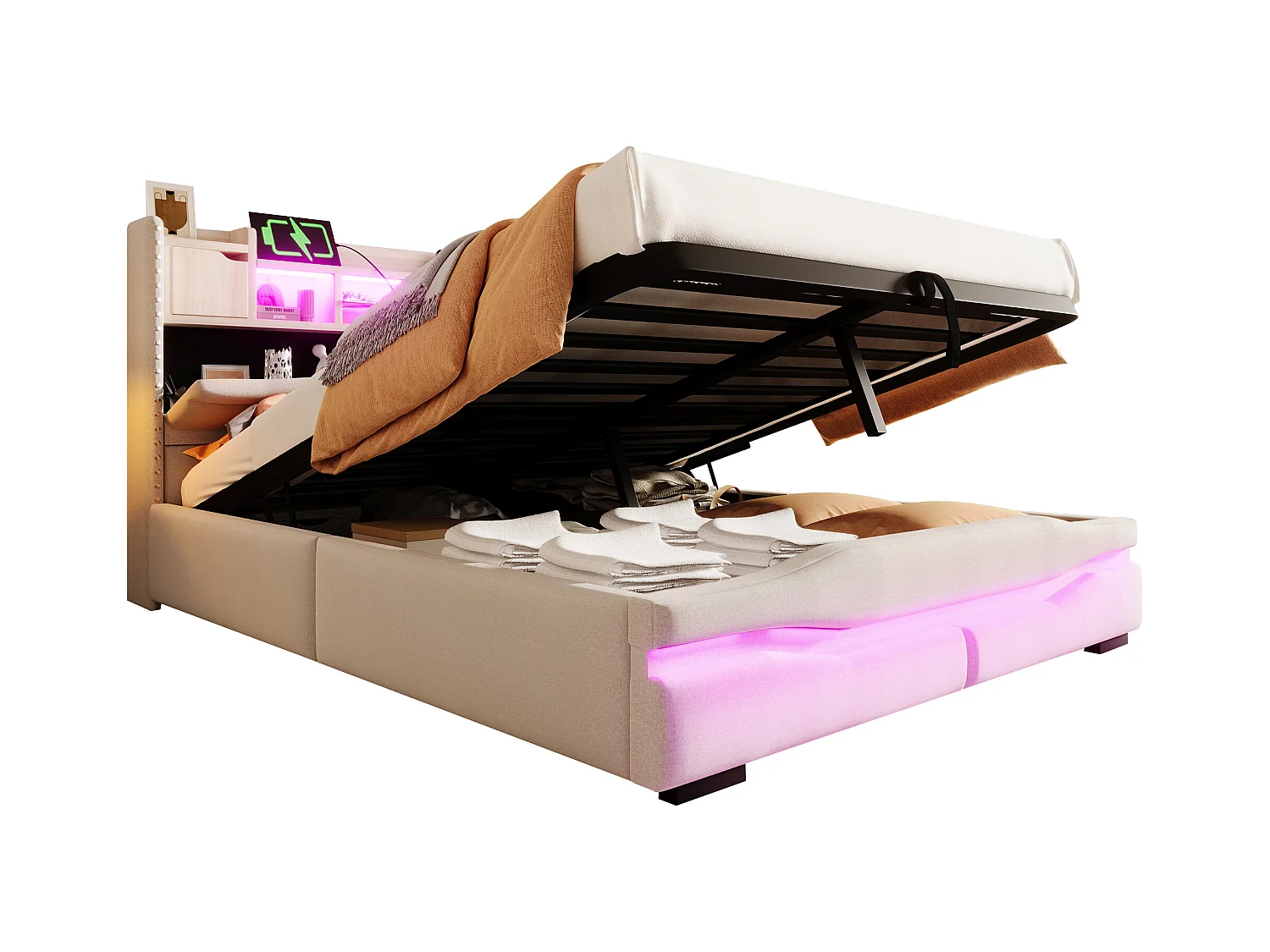 Lit coffre rembourré 140x200cm - avec éclairage LED - avec compartiment de rangement - beige (matelas non inclus)