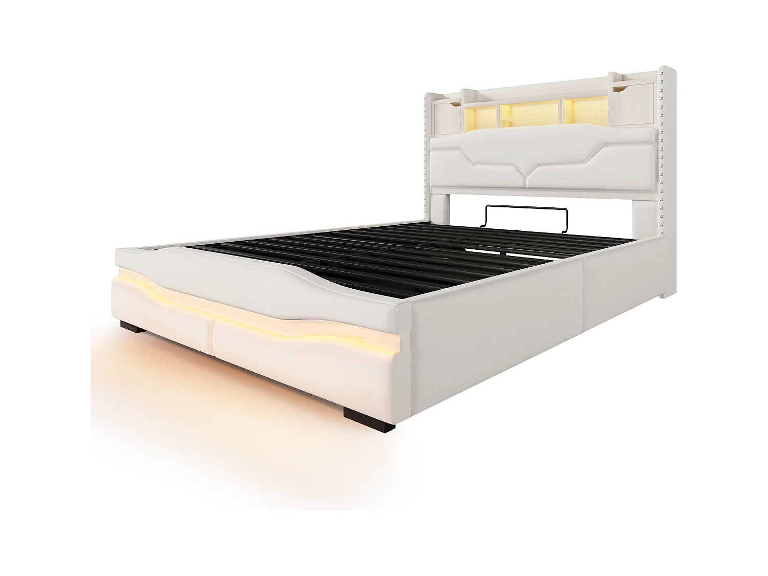 Lit coffre rembourré 140x200cm - avec éclairage LED - avec compartiment de rangement - beige (matelas non inclus)