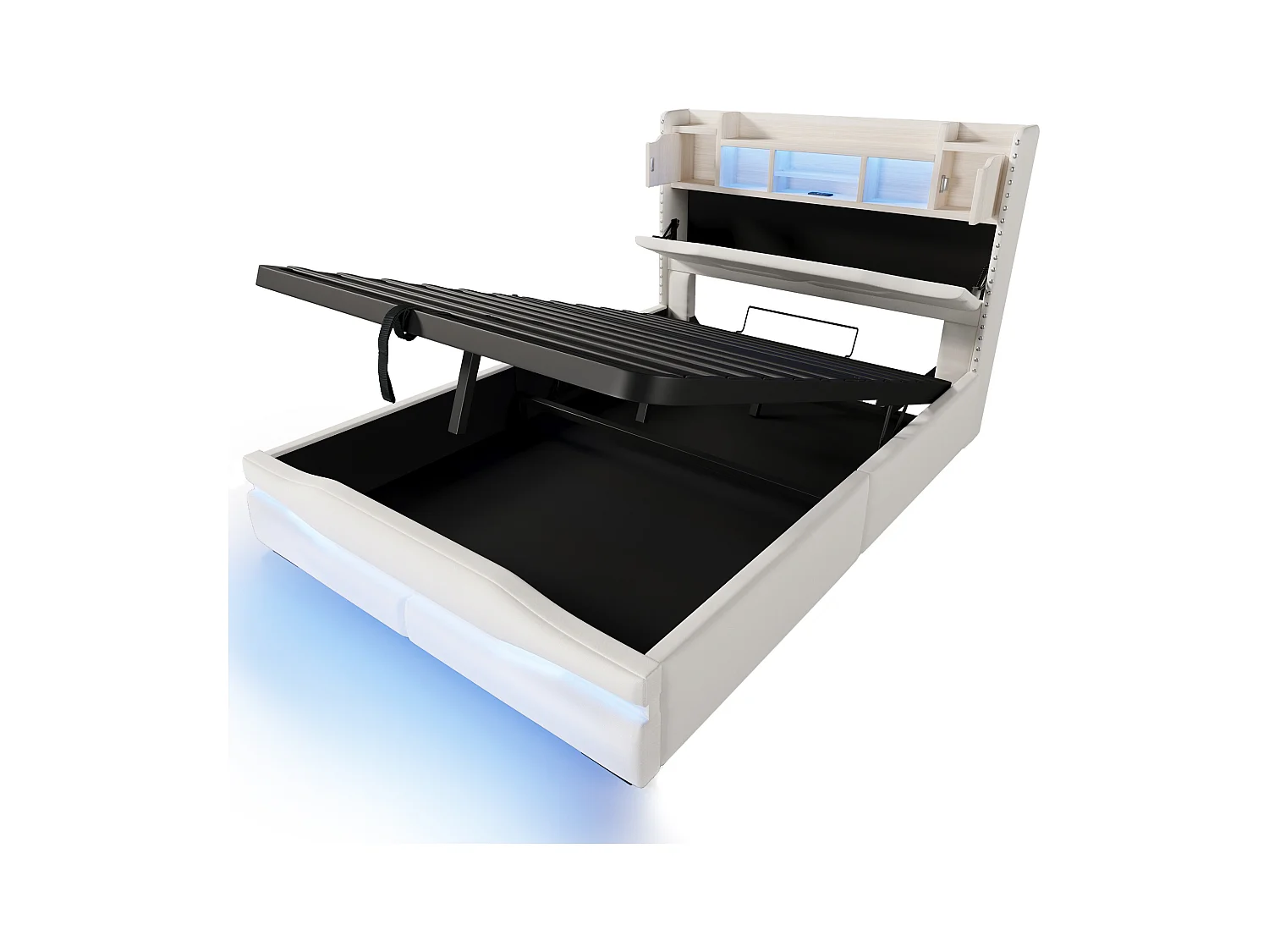 Lit coffre rembourré 140x200cm - avec éclairage LED - avec compartiment de rangement - beige (matelas non inclus)