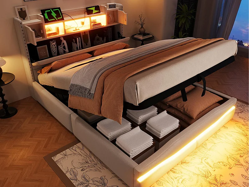 Cama estofada com armazenamento 140x200 cm - com iluminação LED - com compartimento de arrumação - bege (colchão não incluído)