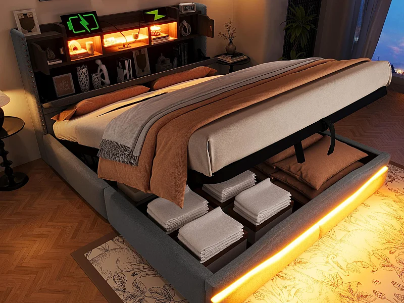 Lit coffre rembourré 160x200cm - avec éclairage LED - avec compartiment de rangement - gris (matelas non inclus)