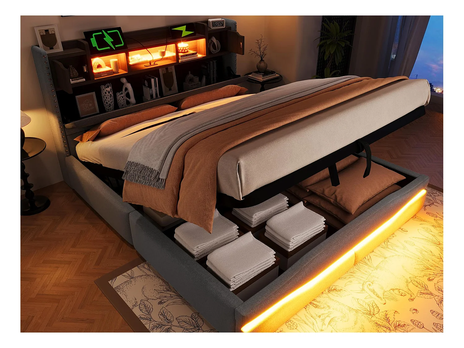 Lit coffre rembourré 160x200cm - avec éclairage LED - avec compartiment de rangement - gris (matelas non inclus)