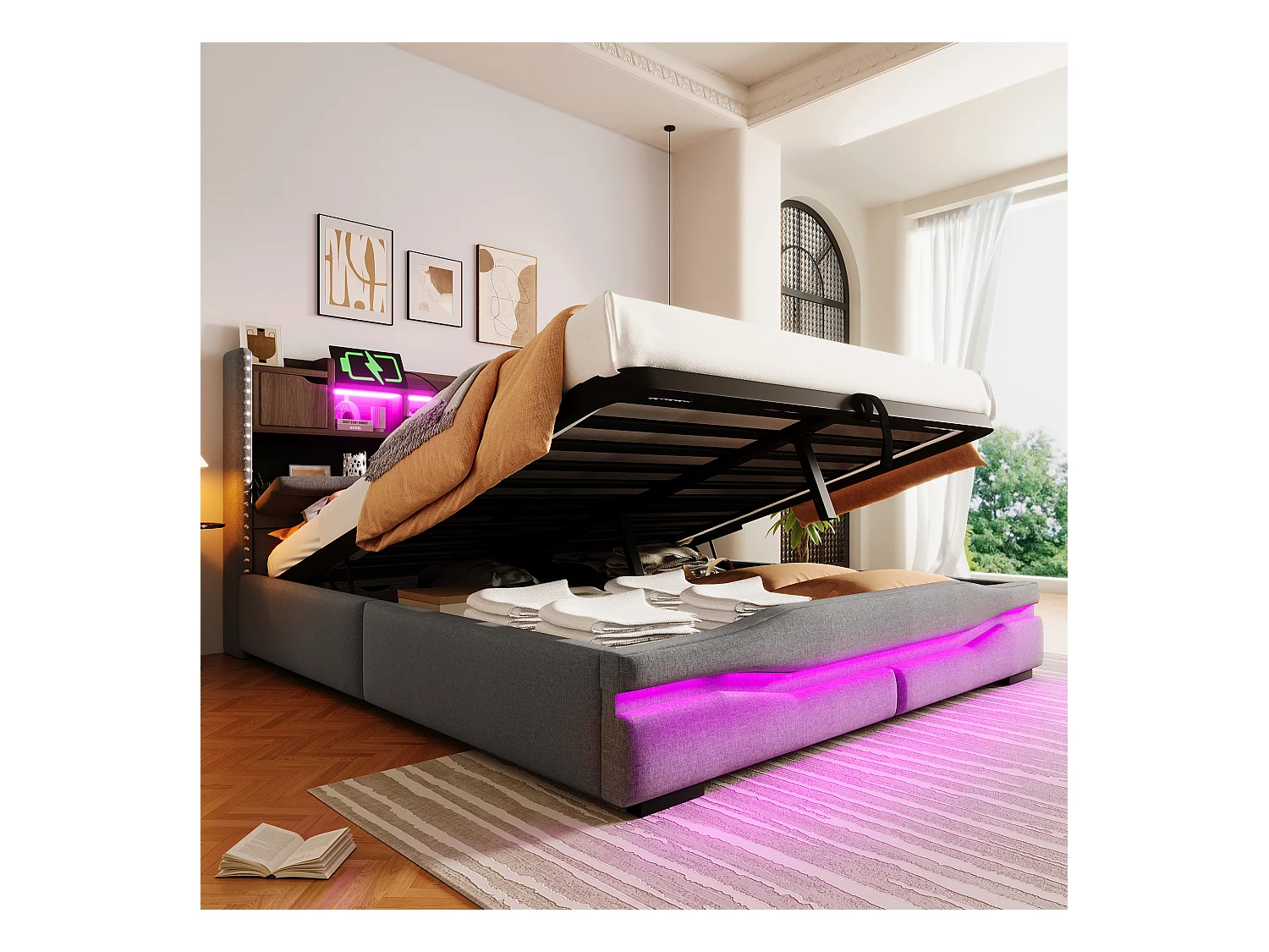 Lit coffre rembourré 160x200cm - avec éclairage LED - avec compartiment de rangement - gris (matelas non inclus)