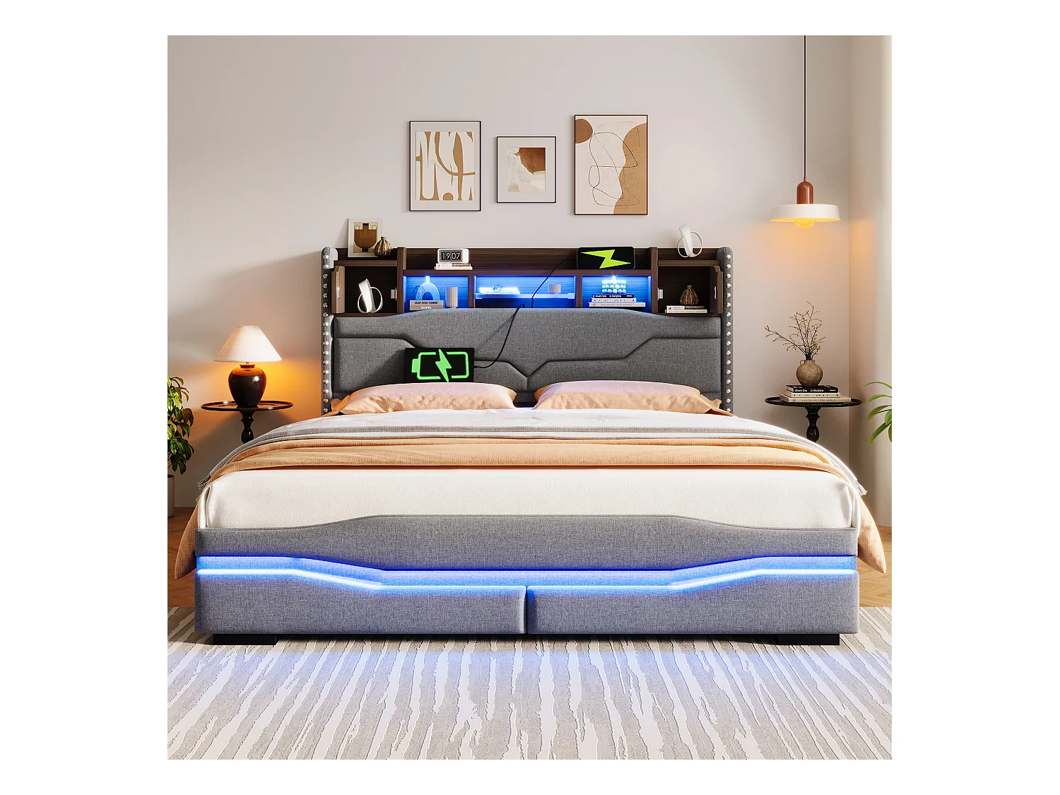 Lit coffre rembourré 160x200cm - avec éclairage LED - avec compartiment de rangement - gris (matelas non inclus)