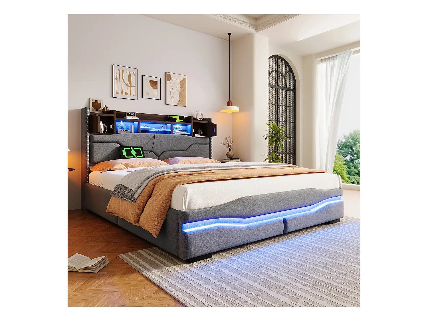 Lit coffre rembourré 160x200cm - avec éclairage LED - avec compartiment de rangement - gris (matelas non inclus)