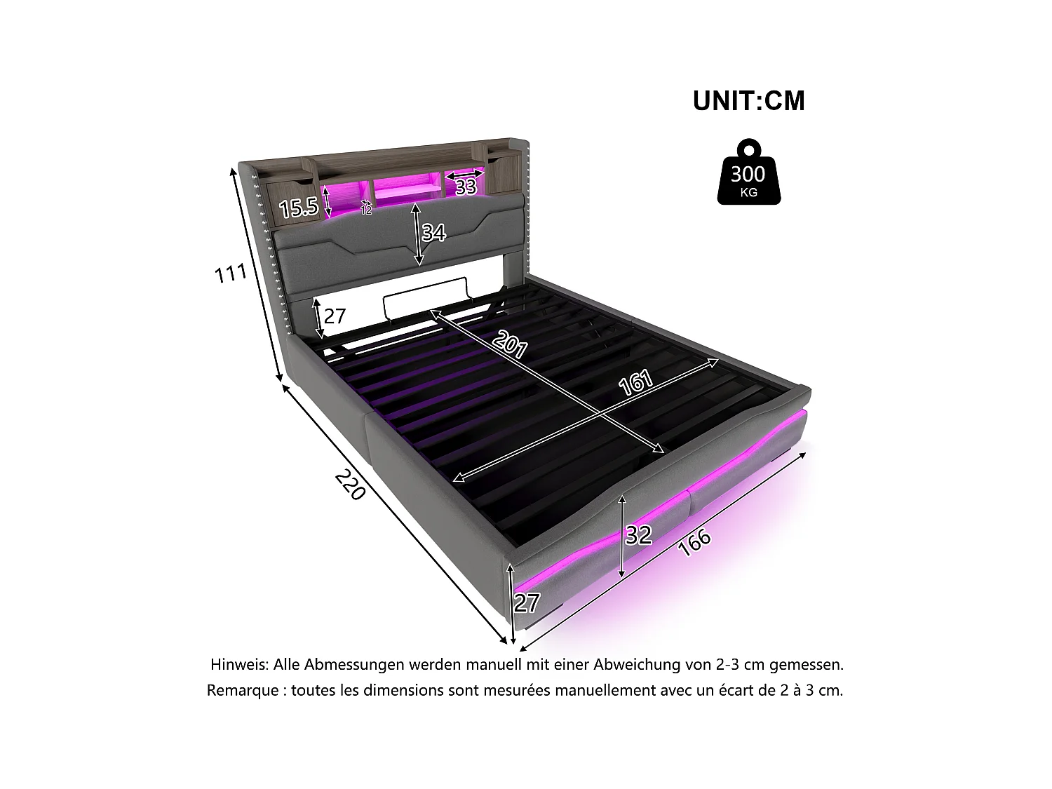 Lit coffre rembourré 160x200cm - avec éclairage LED - avec compartiment de rangement - gris (matelas non inclus)