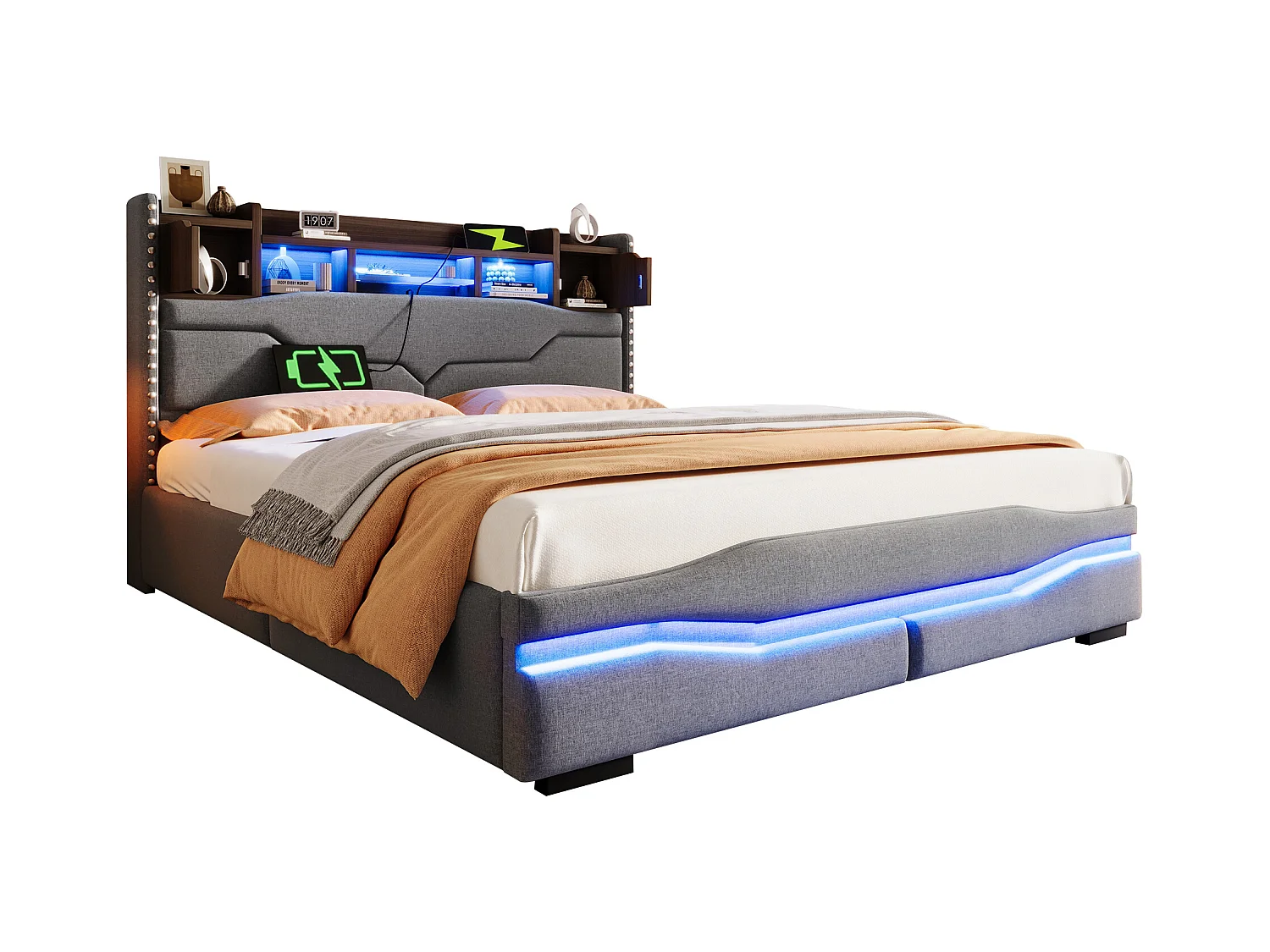 Lit coffre rembourré 160x200cm - avec éclairage LED - avec compartiment de rangement - gris (matelas non inclus)