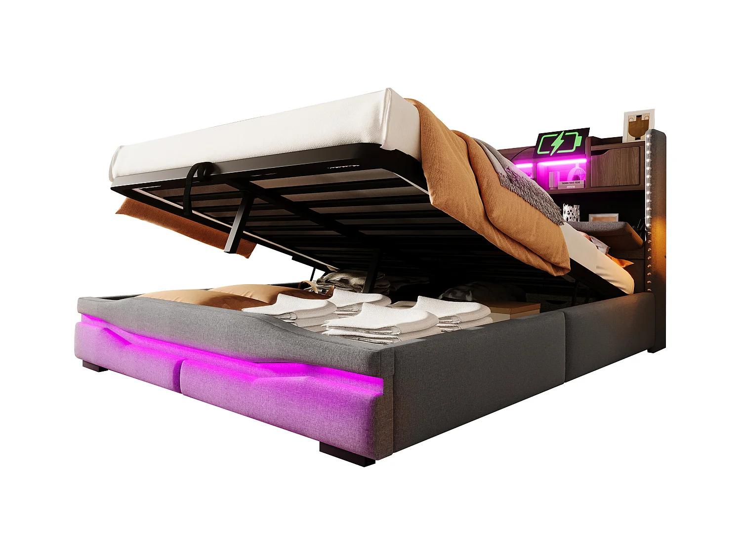 Lit coffre rembourré 160x200cm - avec éclairage LED - avec compartiment de rangement - gris (matelas non inclus)