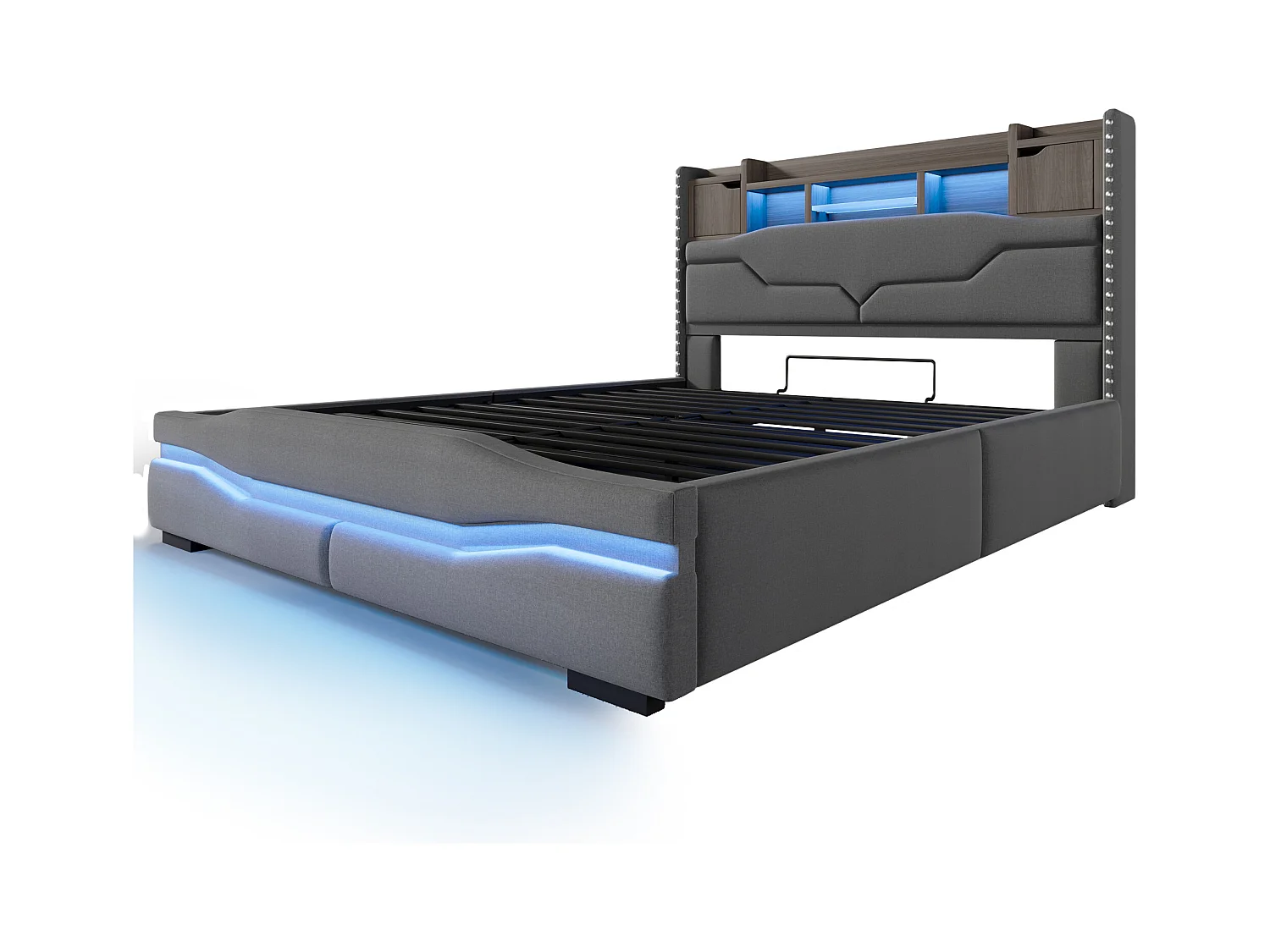 Lit coffre rembourré 160x200cm - avec éclairage LED - avec compartiment de rangement - gris (matelas non inclus)