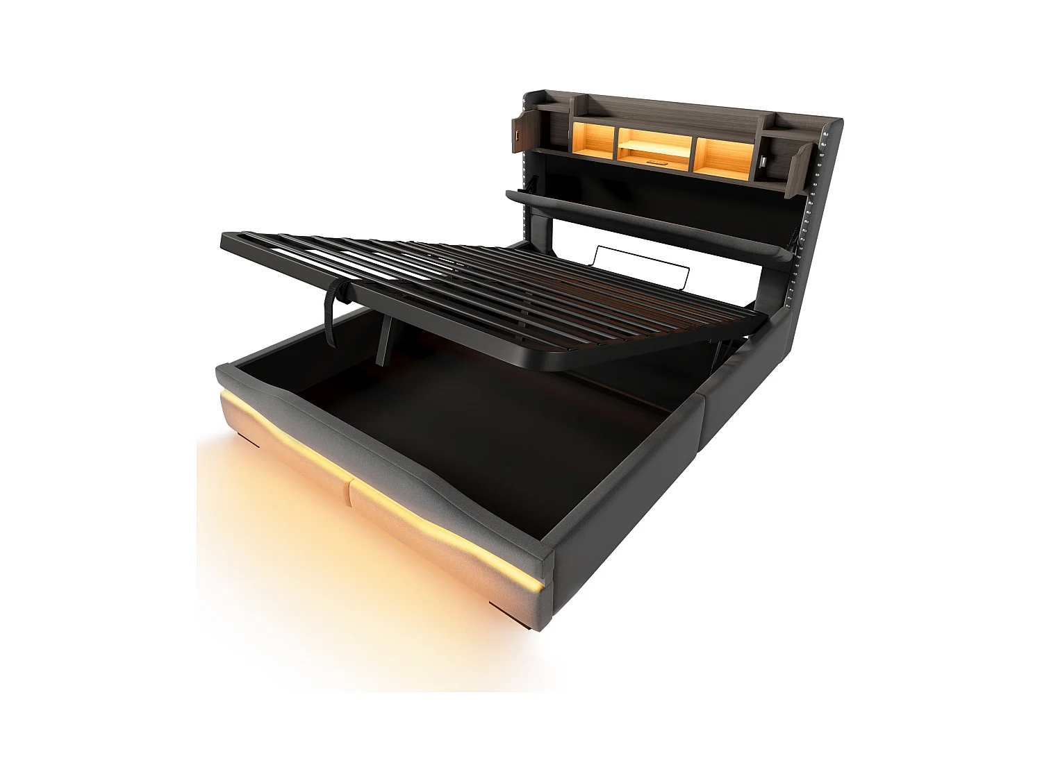 Lit coffre rembourré 160x200cm - avec éclairage LED - avec compartiment de rangement - gris (matelas non inclus)