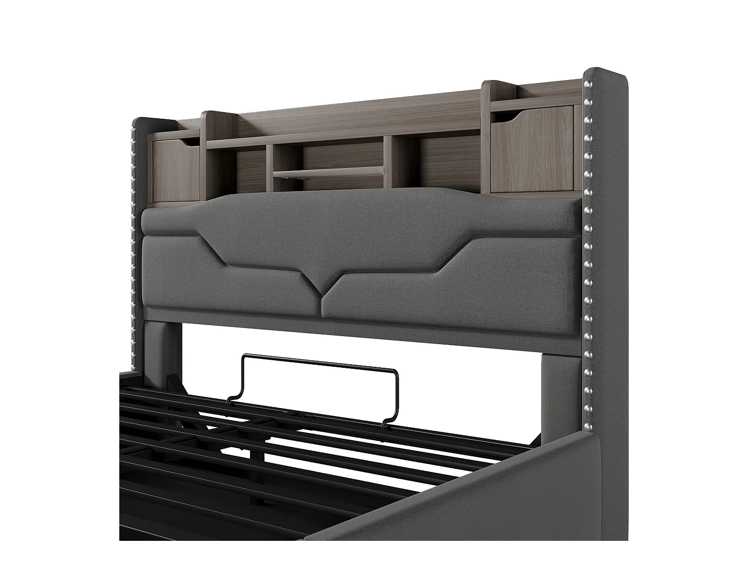 Lit coffre rembourré 160x200cm - avec éclairage LED - avec compartiment de rangement - gris (matelas non inclus)