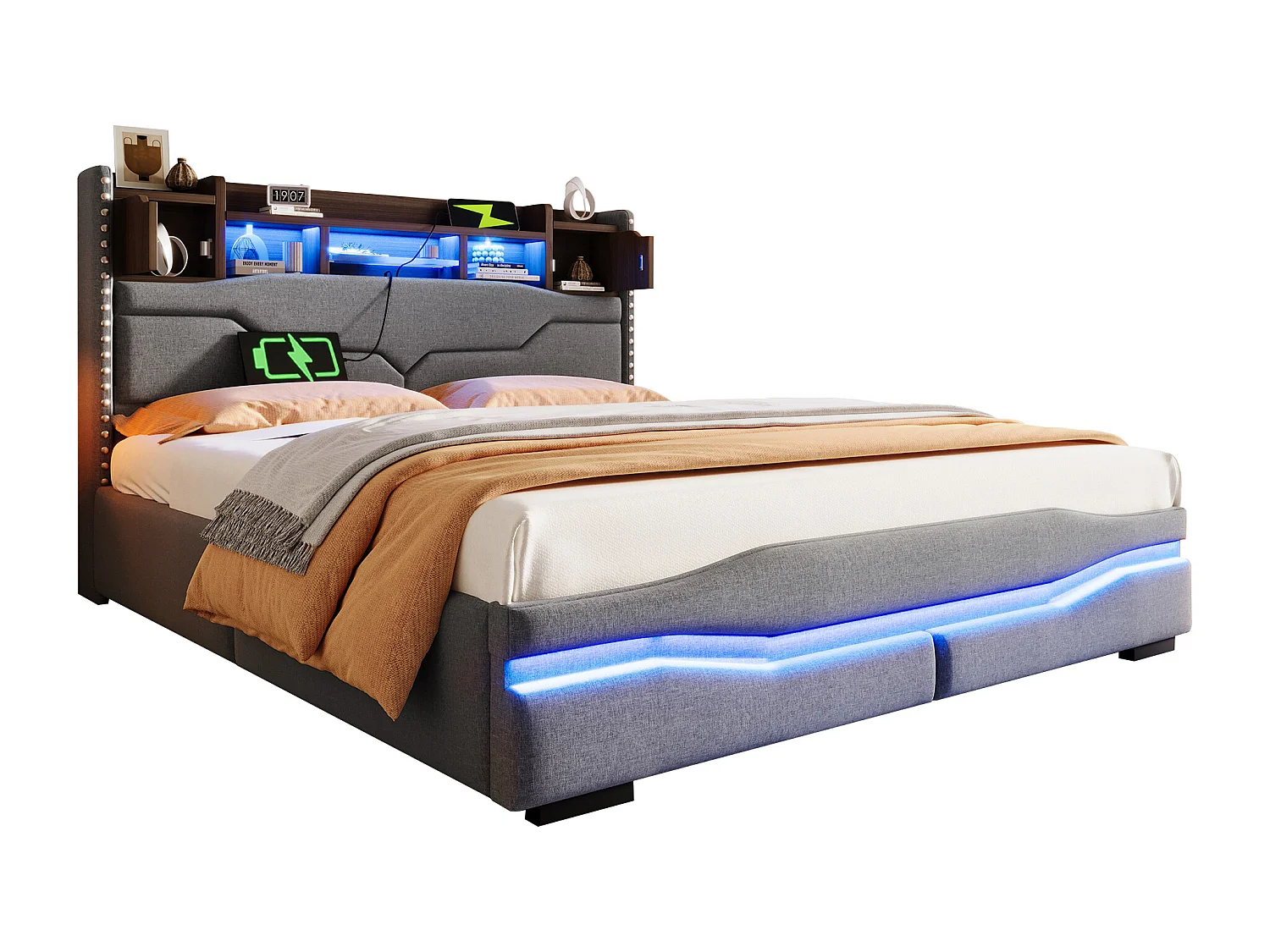 Gestoeld opbergbed 160x200 cm - met LED-verlichting - met opbergruimte - grijs (zonder matras)