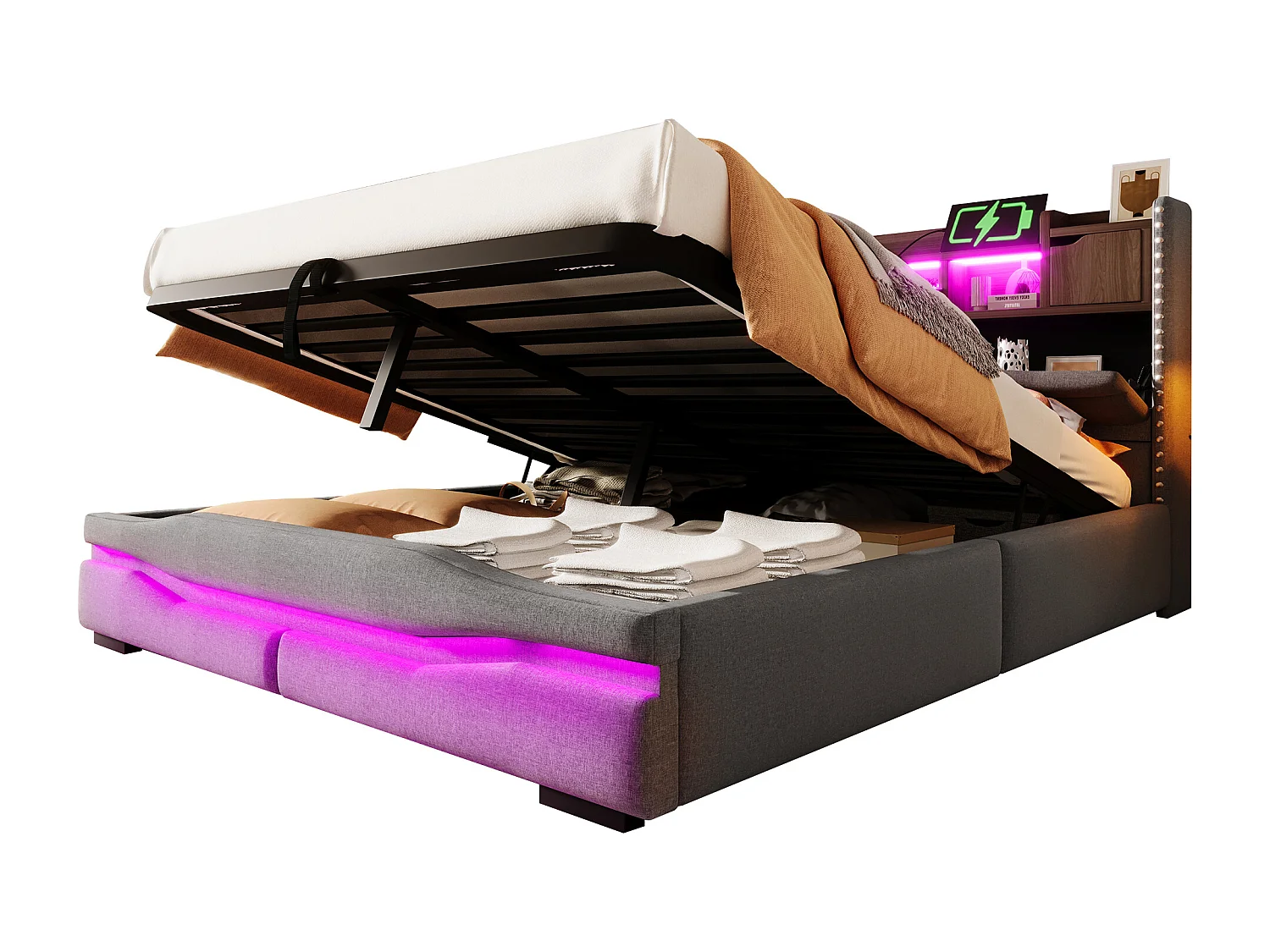 Gestoeld opbergbed 160x200 cm - met LED-verlichting - met opbergruimte - grijs (zonder matras)