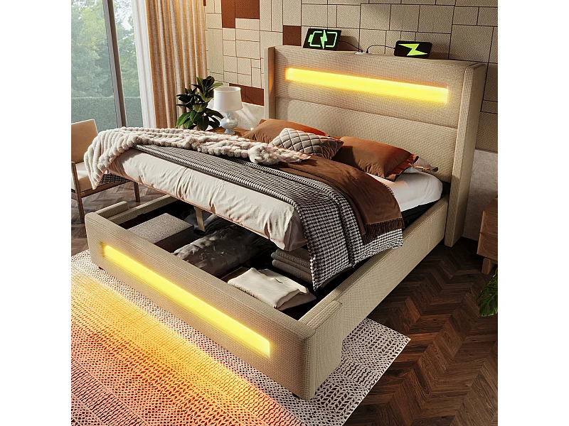 Lit coffre adulte 180x200cm avec LED et USB type-C, tissu en lin beige, sommier à lattes, sans matelas